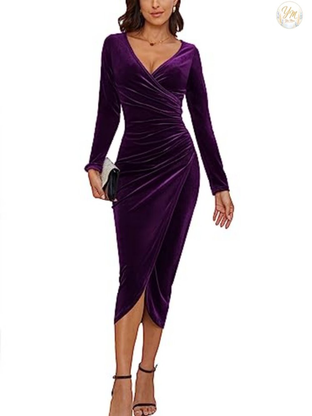 CYiNu Women's V-Neck Wrap Velvet Long Sleeve Maxi Dress Slim Fit